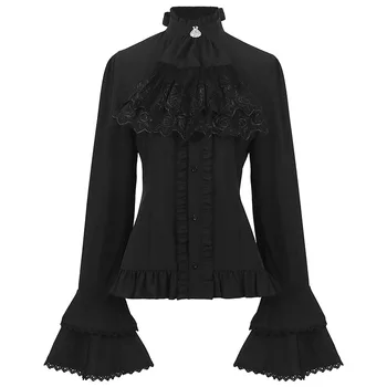 Женская элегантная винтажная средневековая рубашка Lotus с длинным рукавом, викторианская блузка в стиле стимпанк, кружевные топы-стойка с рюшами, готическая пиратская рубашка