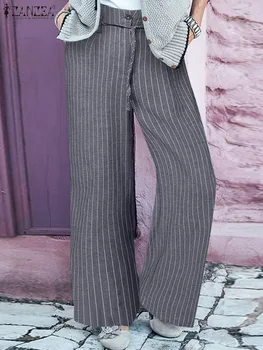 Женские Модные брюки в полоску, Винтажные Осенние Широкие брюки ZANZEA, Богемные панталоны с высокой талией, Женские длинные брюки Изображение 2