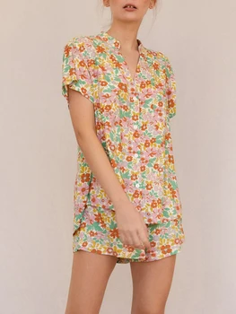 Женские пижамные комплекты с цветочным рисунком, 2 предмета, футболки на пуговицах с коротким рукавом, Шорты, комплекты одежды, пижамы, пижамы Изображение 2