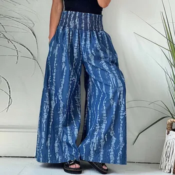 Женские хлопчатобумажные льняные брюки с винтажным принтом, летняя мода, эластичный пояс, Тонкие широкие брюки, повседневные Свободные прямые брюки длиной до щиколоток