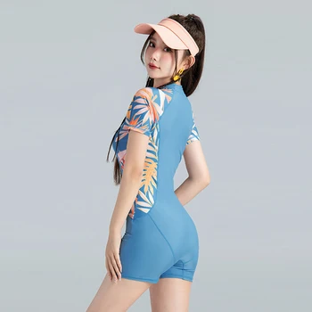 Женский купальник для серфинга One Piece Rashguard с коротким рукавом и застежкой-молнией, скромные купальники, Летняя пляжная одежда, купальный костюм в корейском стиле Изображение 2