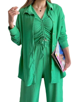 Женский пижамный комплект из 2 предметов, рубашка с длинным рукавом на пуговицах, Шорты с завязками, комплект одежды для отдыха Изображение 2