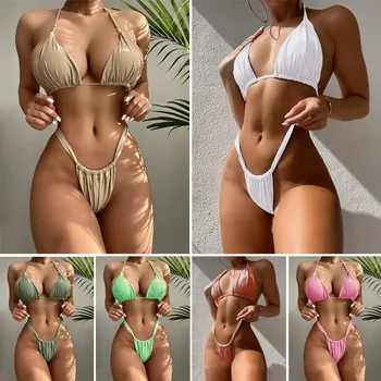 Женский сексуальный комплект из 2 предметов, раздельный треугольный комплект бикини с завязками на шее, купальники, пляжная одежда, купальный костюм, Майо для летних каникул