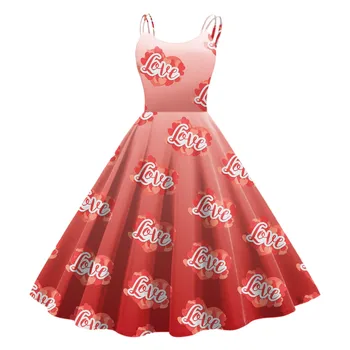 Женское винтажное красно-розовое платье с принтом, Подтяжки на ремнях в стиле ретро, коктейльная вечеринка, платья с большими размахами, Vestido для отдыха Изображение 2