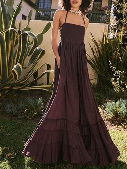 Женское длинное платье с коротким рукавом, Однотонное вечернее платье с гофрированным подолом и открытой спиной для пляжного клуба, летняя уличная одежда