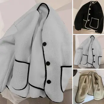 Женское осенне-зимнее пальто с длинными рукавами, однобортный кардиган, толстые шерстяные карманы контрастного цвета, зимнее пальто старого образца