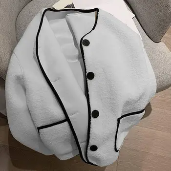 Женское осенне-зимнее пальто с длинными рукавами, однобортный кардиган, толстые шерстяные карманы контрастного цвета, зимнее пальто старого образца Изображение 2