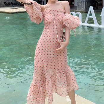 Женское платье в розовый горошек в стиле бохо 2023, летнее пляжное облегающее платье с вырезом лодочкой и высокой талией, женская одежда неправильной формы с пышными рукавами для отпуска Изображение 2