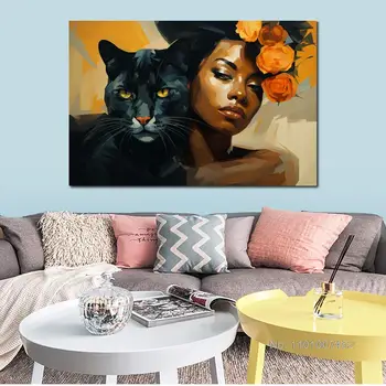 Животное Кошка Холст, плакат, фотопечать, черная женщина с изображением кошки, картина для декора стен офисной комнаты Изображение 2