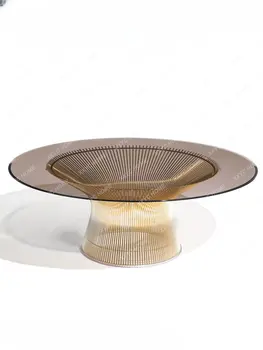 Журнальный столик Светлый Роскошный Простой круглый стол из стекла из нержавеющей стали, Приставной столик для гостиной Изображение 2