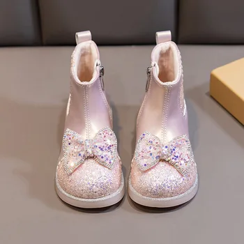Зимние ботинки для девочек 2023 года, зимние уличные теплые плюшевые детские ботинки, модные хлопчатобумажные ботильоны принцессы с милым блестящим бантом для детей Изображение 2