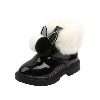 Зимние детские кожаные ботинки для девочек 2024 года, плюшевые милые детские зимние ботинки на открытом воздухе с мехом, Водонепроницаемая нескользящая обувь для малышей Изображение 2