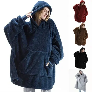 Зимний свитер с капюшоном, одеяло, женское негабаритное флисовое одеяло с рукавами, большой карман, теплая толстая толстовка с капюшоном для телевизора, пара халатов