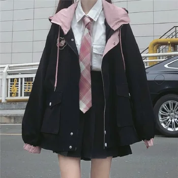 Зимняя японская женская повседневная уличная куртка в стиле панк со свободными карманами и длинными рукавами с капюшоном большого размера, модная винтажная куртка Harajuku