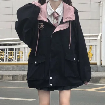 Зимняя японская женская повседневная уличная куртка в стиле панк со свободными карманами и длинными рукавами с капюшоном большого размера, модная винтажная куртка Harajuku Изображение 2