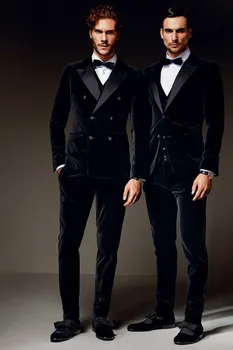 Изготовленные на заказ осенне-зимние черные Темно-синие бархатные мужские костюмы, Высококачественные смокинги для жениха, свадебный костюм, мужские блейзеры для шаферов, комплект из 3 предметов
