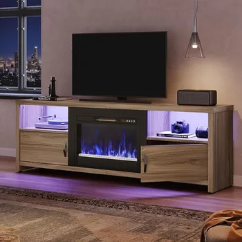 Каминная подставка для телевизора со светодиодной подсветкой, 70-дюймовый развлекательный центр со шкафами для хранения телевизоров до 80 дюймов, консольный столик для телевизора