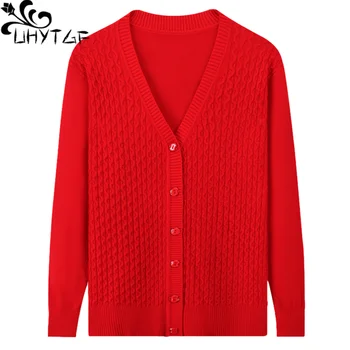 Кардиган UHYTGF Для женщин, Модный однобортный вязаный Весенне-осенний свитер, пальто, Элегантный топ для женщин среднего возраста, 1950 г.