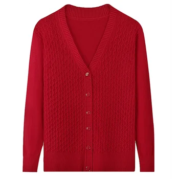 Кардиган UHYTGF Для женщин, Модный однобортный вязаный Весенне-осенний свитер, пальто, Элегантный топ для женщин среднего возраста, 1950 г. Изображение 2
