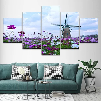Картина на холсте цветок море ветряная мельница пейзаж, 5 предметов настенного искусства, модульные обои, плакат, украшение для дома в гостиной