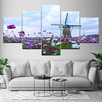 Картина на холсте цветок море ветряная мельница пейзаж, 5 предметов настенного искусства, модульные обои, плакат, украшение для дома в гостиной Изображение 2