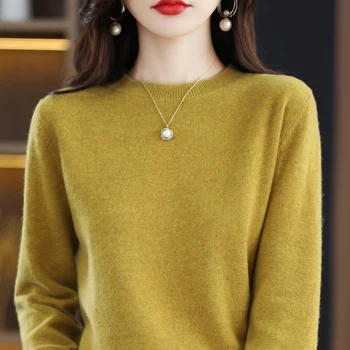 Кашемировый свитер из 100% чистой шерсти, женский пуловер с круглым вырезом, повседневный вязаный топ, осенне-зимнее женское пальто корейской моды