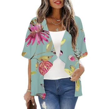 Кимоно, пляжная одежда, рубашка-кардиган, богемная футболка с цветочным рисунком, пальто, тонкие крутые шали, Шифоновая накидка для купальника, Женская одежда Y2k 2023 Изображение 2