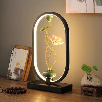 Китайская настольная лампа, спальня, прикроватная лампа, Творчество в стиле дзен, персонализированный пульт дистанционного управления, сенсорный USB, интеллектуальный lotus orn Изображение 2