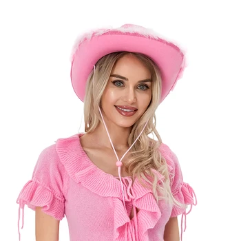 Ковбойская шляпа для женщин розовый ковбойская шляпа, пастушка шляпа для косплея ковбойской шляпе с пушистым пером краев партии Хэллоуин пастушка шляпы