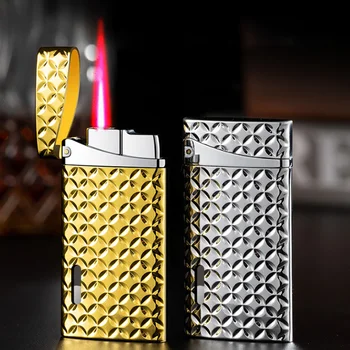 Компактная бутановая зажигалка с турбонаддувом в стиле ретро, Металлическая зажигалка для сигарет, ветрозащитная бензиновая надувная зажигалка с красным пламенем.
