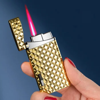 Компактная бутановая зажигалка с турбонаддувом в стиле ретро, Металлическая зажигалка для сигарет, ветрозащитная бензиновая надувная зажигалка с красным пламенем. Изображение 2