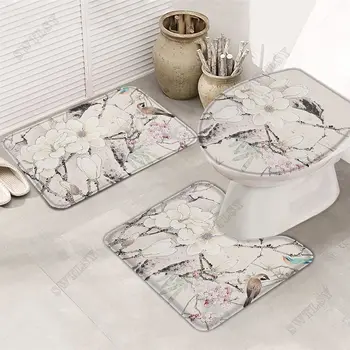 Комплект ковриков для ванной комнаты из 3 предметов, впитывающие коврики для ванной с птицами и цветами, ретро азиатская культура, U-образный контурный коврик для унитаза, крышка унитаза Изображение 2