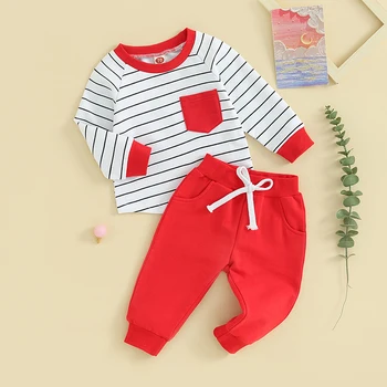 Комплект штанов RWYBEYW для маленьких мальчиков, футболка в полоску с круглым вырезом и длинными рукавами, брюки с эластичной резинкой на талии, одежда для младенцев