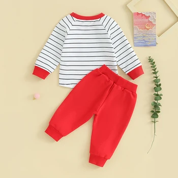 Комплект штанов RWYBEYW для маленьких мальчиков, футболка в полоску с круглым вырезом и длинными рукавами, брюки с эластичной резинкой на талии, одежда для младенцев Изображение 2