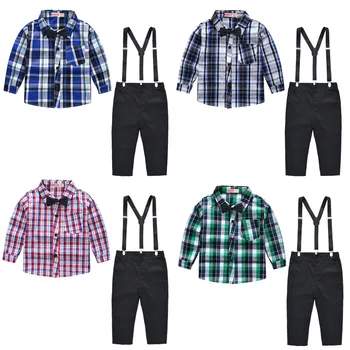 Комплекты джентльменской одежды для мальчиков 2022 года, весенние детские официальные костюмы, рубашка с длинным рукавом + брюки на подтяжках, комплекты повседневной одежды для мальчиков