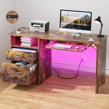 Компьютерный стол с Картотекой, с Лотком для клавиатуры и 3 выдвижными ящиками, 55-дюймовый Компьютерный стол с умной светодиодной подсветкой и электрической розеткой