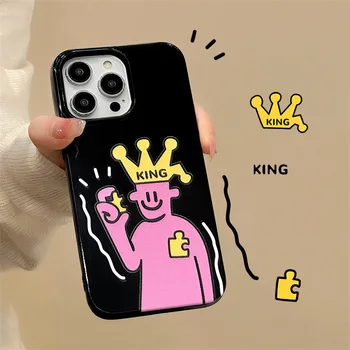 Корейский Креативный тренд Мультфильм Розовый Король головоломок Желейный черный чехол для телефона iPhone 14 13 11 12 Pro Max mini 8 7 Plus XS Задняя крышка