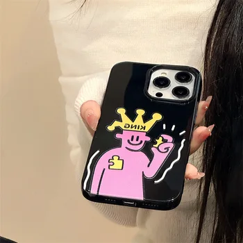 Корейский Креативный тренд Мультфильм Розовый Король головоломок Желейный черный чехол для телефона iPhone 14 13 11 12 Pro Max mini 8 7 Plus XS Задняя крышка Изображение 2
