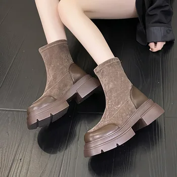 Короткие сапоги для девочек 2024, Осень/Зима, новые эластичные ботинки на толстой подошве, женские универсальные повседневные тонкие ботинки в стиле ретро, сапоги на толстом каблуке, Tide