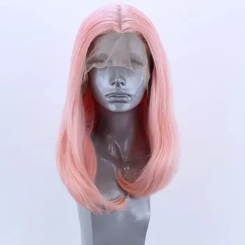 Короткий Боб, Персиково-розовый парик из синтетических волос на кружеве, Бесклеевой Прямой парик на кружеве, Термостойкое волокно для ежедневного использования женщинами Изображение 2