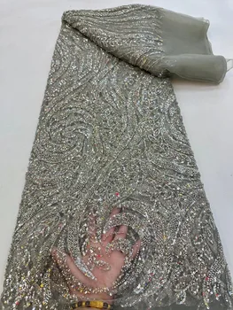 Кружевная ткань с вышивкой пайетками ручной работы в Нигерийском стиле, высококачественная Французская роскошная тюлевая кружевная ткань с бисером для пошива женского свадебного платья
