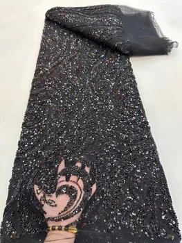 Кружевная ткань с вышивкой пайетками ручной работы в Нигерийском стиле, высококачественная Французская роскошная тюлевая кружевная ткань с бисером для пошива женского свадебного платья Изображение 2