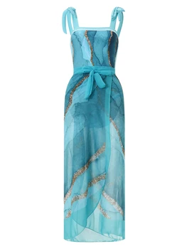 Купальник-монокини с завязками на плечах с цветочным принтом и юбкой-саронгом - винтажный пляжный комплект для женщин Изображение 2
