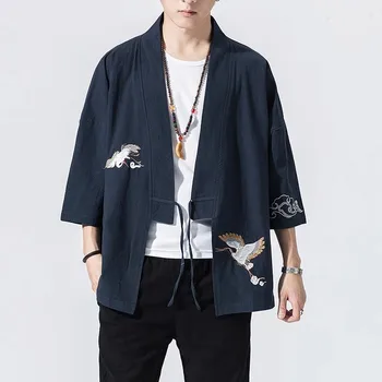 Летние мужские куртки-кимоно 2023, кардиган, легкие повседневные хлопчатобумажные смеси, лен, пальто с семью рукавами, верхняя одежда с открытой передней частью