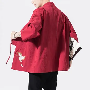 Летние мужские куртки-кимоно 2023, кардиган, легкие повседневные хлопчатобумажные смеси, лен, пальто с семью рукавами, верхняя одежда с открытой передней частью Изображение 2