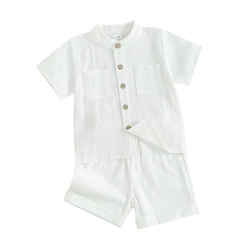 Летняя Одежда для малышей, хлопчатобумажные льняные рубашки с коротким рукавом и пуговицами, шорты с эластичной талией, комплект одежды из 2 предметов