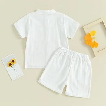 Летняя Одежда для малышей, хлопчатобумажные льняные рубашки с коротким рукавом и пуговицами, шорты с эластичной талией, комплект одежды из 2 предметов Изображение 2