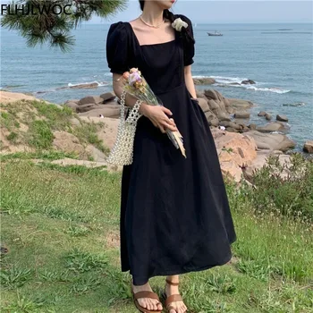 Лето 2021, Fenimine Vestidos, Женская мода, Корейский Шик, Японский стиль, Элегантное Длинное платье с квадратным вырезом.