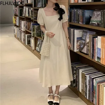Лето 2021, Fenimine Vestidos, Женская мода, Корейский Шик, Японский стиль, Элегантное Длинное платье с квадратным вырезом. Изображение 2