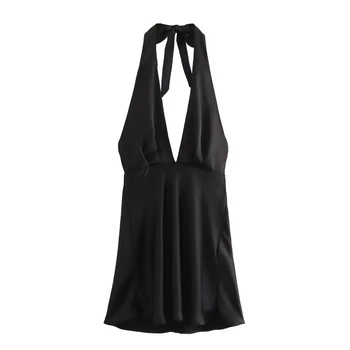 Летом 2023 года Новое женское платье с коротким рукавом на бретельках, шелковая атласная текстура с v-образным вырезом, Черная универсальная мини-юбка для улицы моды